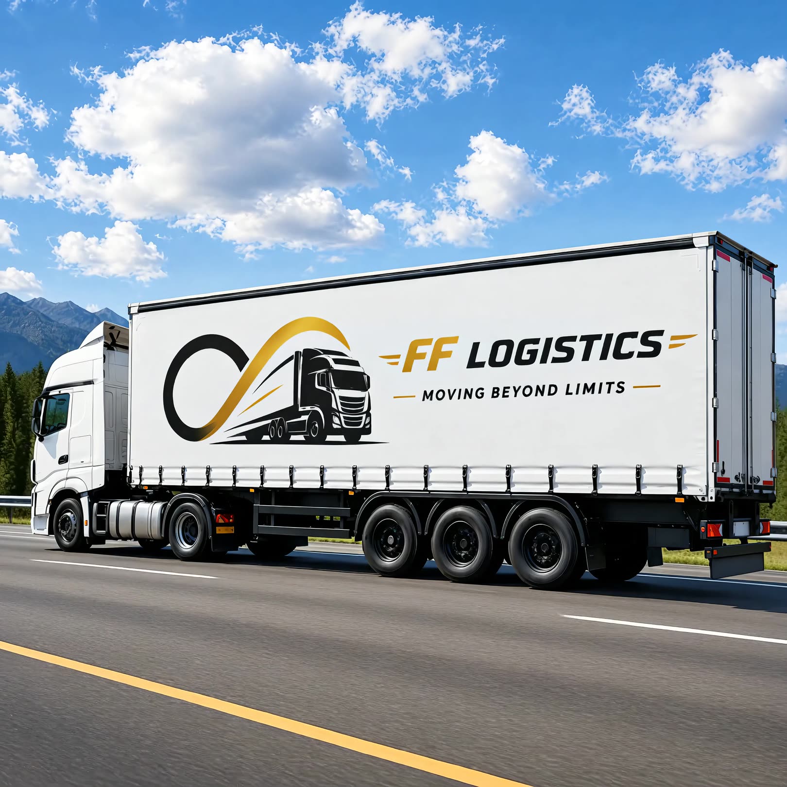 An FF Logistics curtain-side truck on the motorway